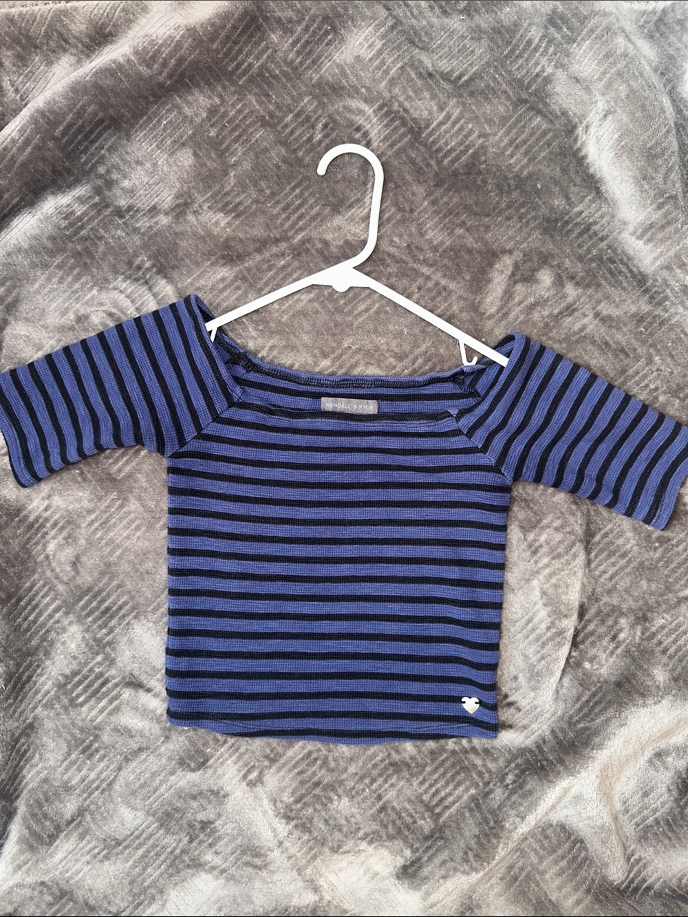 Kendall & Kylie Blue and Black Striped Off-Shoulder Crop Top